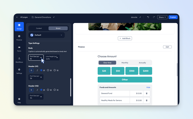 Design>Brand - Type Settings - Donation