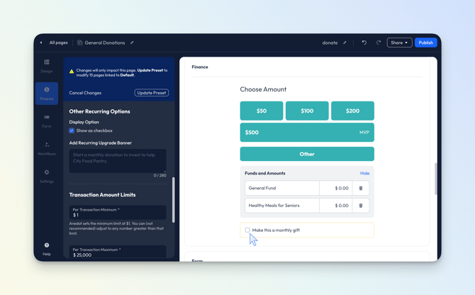 Finance>Amounts - Checkbox - Donation