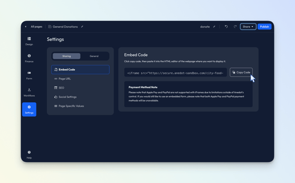 Settings>Sharing - Embed - Donation