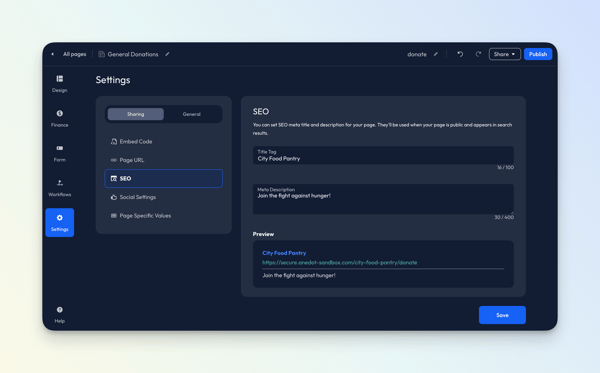 Settings>Sharing - SEO - Donation