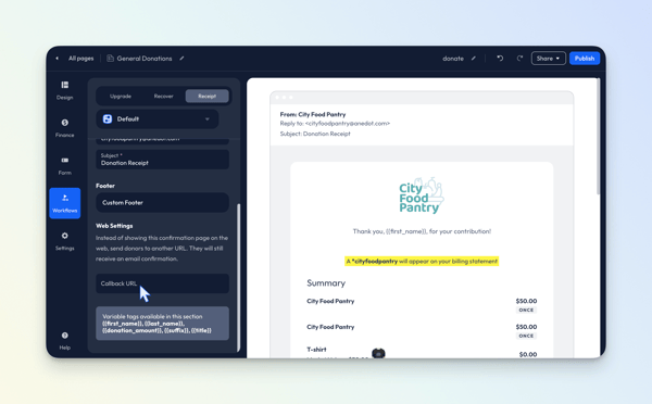 Workflows>Receipt - Callback URL - Donation
