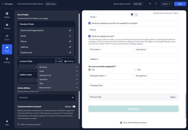 Events - Form>Custom Fields